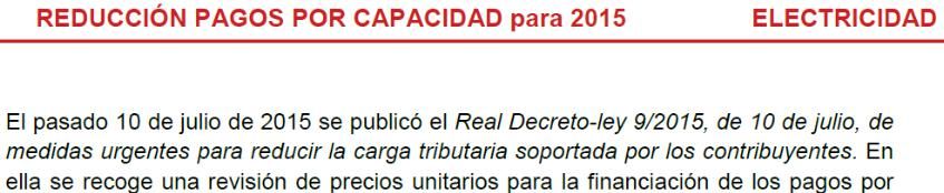 Nuevos precios de los pagos por capacidad en electricidad a partir de agosto